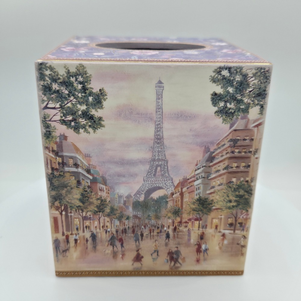 Paris Eiffel Tower Wood Decoupage Tissue Box Cover Square‎ French Floral Purple